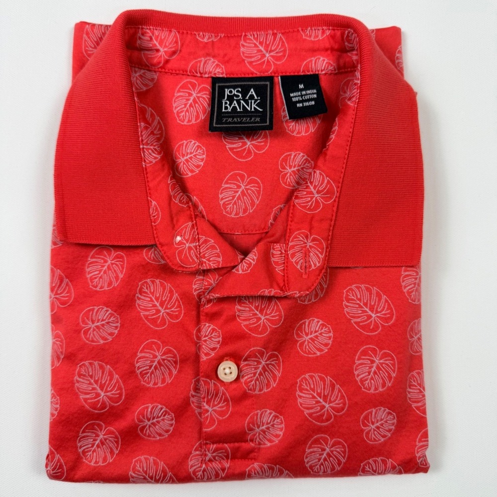Jos. A. Bank Polo Shirt Mens Medium Red Blur Monstera‎ Leaf Print Traveler